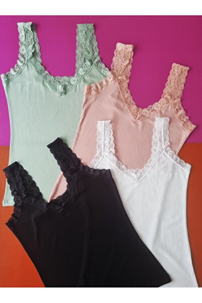 Demirsa Boutique Dantel Detaylı Modal Kumaş Askılı Siyah, Beyaz, Pudra ve Yeşil Renk 4'lü Kadın Atlet