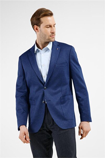 İmza Navy Blue Mono Collar Checkered Pattern Flexible 6 Drop Comfort Fit Clas...