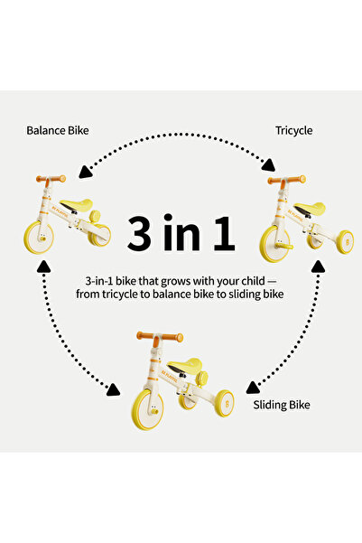 B.Duck - 3-in-1 Toddler Bike, Balance, Sliding, Tricycle Modes, Indoor/Outdoor, White, 1.5-3 Y