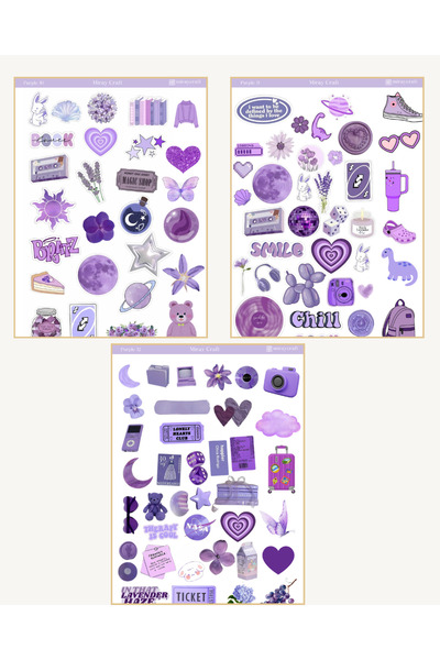 MirayDesign 6 Sayfa Mor Renk Temalı Sticker Seti (12*17 cm)/Scrapbook, Bullet Journal, Planlayıcı İçin