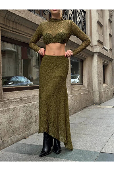 bysoca Women's Khaki Elastic Waist Asymmetrical Cut Transparent Lace Long Skirt