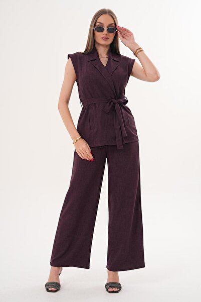 ŞİMAL Women's Jacket Collar Vest Set Linen Suit with Trousers 260014 -
