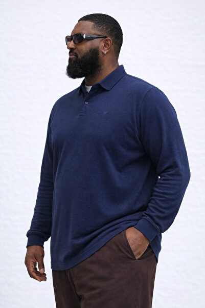 Maccali Men's Trend Large Size Indigo Polo Collar T-Shirt