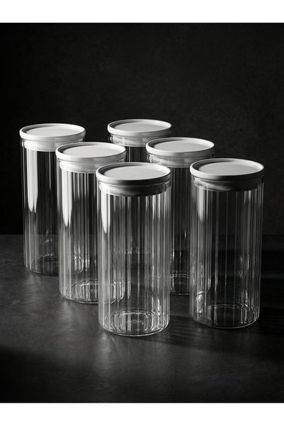Countra 6-Piece White Vacuum Lid Line Patterned Glass Jar Transparent Body Food Storage Container 1095 ml