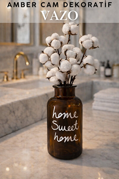 Penthouse Amber Cam Dekoratif Vazo Home sweet home+Pamuk Çiçeği Hediye