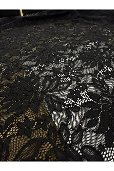 METERİAL 135 cm Wide Lycra Corded Black Lace Fabric – Flexible Floral Pattern...