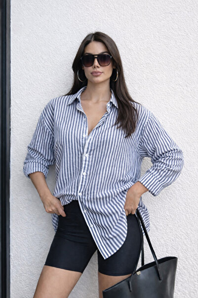 RAMİOR COLLECTION Kadın Larcivert Beyaz Sık Çizgili Oversize Uzun Kollu Pamuk...