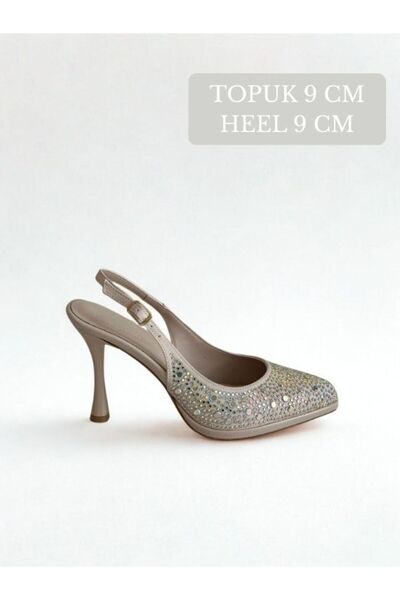 Favi Ayakkabı حذاء سهرة بيج لامع مفتوح من الخلف بمقدمة مدببة ونعل سميك