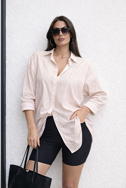 RAMİOR COLLECTION Kadın Kahverengi Çizgili Pamuklu Oversize Gömlek – Rahat Ka...