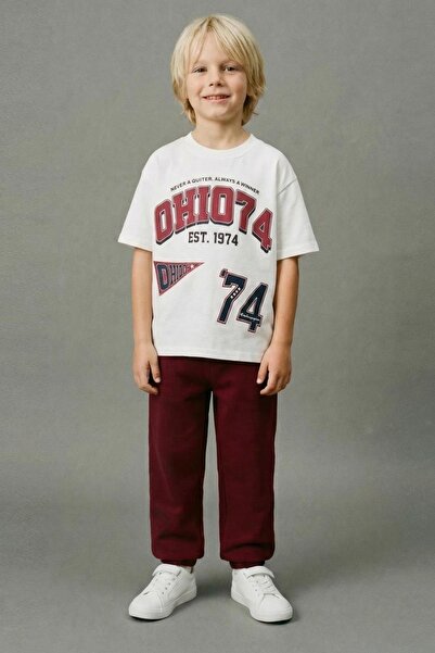 Monila Erkek Çocuk Bordo Baskılı Pamuklu Jogger Pantolonlu Altüst Takım