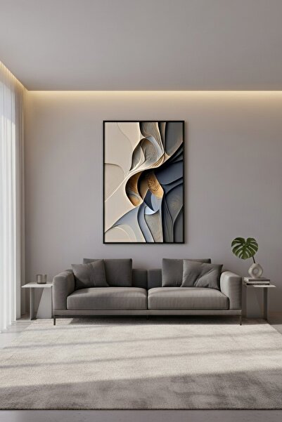 hollywest Minimalist Akışkan Hatlar Antrasit ve Bej | Modern Çerçeveli Tablo