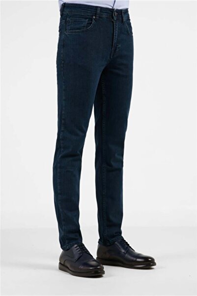 İmza Dark Navy Blue Gabardine 5-Pocket Straight Leg Casual Slim Fit Cotton De...