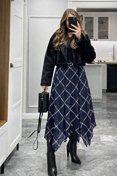 BELLERA Ekose Desenli Asimetrik Etek