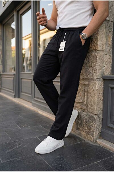 hello7 Men's Black Elastic Waist Lace-Up Straight-Leg Comfortable Fit Trousers