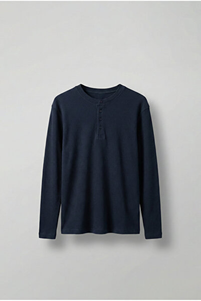 ablukaonline Men's Oversize Buttoned Basic Long Sleeve T-Shirt Navy Blue