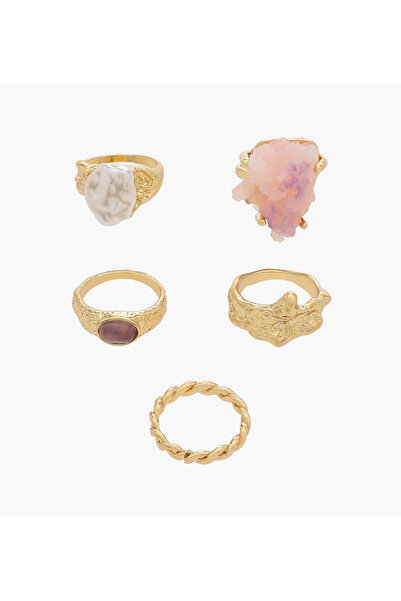 Lifestyle طقم خواتم معدنية مزخرفة مطلية بالذهب - 5 قطع
