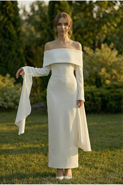 berissima bride Madonna Yaka Nikah Elbisesi, Fırfır Şal Kol, Kırık Beyaz, Max...