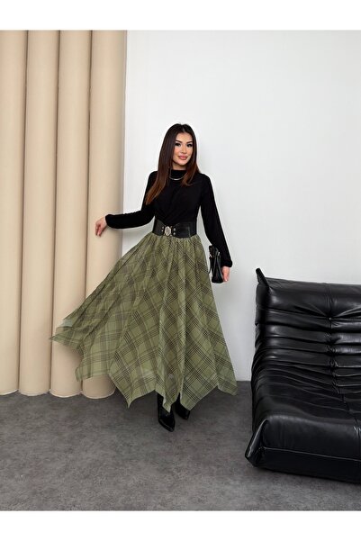 Hatun Atila Γυναικεία πράσινη καρό φούστα με σχέδιο, ψηλόμεση, ελαστική, ασύμ...