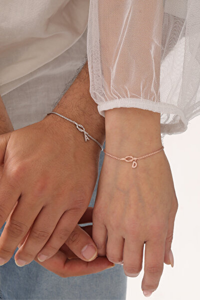 klas gümüş 925 Ayar Gümüş Aşk Düğümü Baş Harfli Çift Bileklik Rodaj/Rose | Ki...