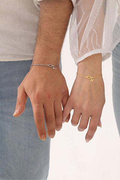 klas gümüş 925 Ayar Gümüş Aşk Düğümü Baş Harfli Çift Bileklik Rodaj/Gold | Ki...