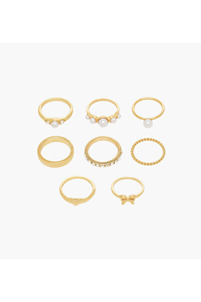 Lifestyle طقم من 8 خواتم مطلية بالذهب ومزينة باللؤلؤ