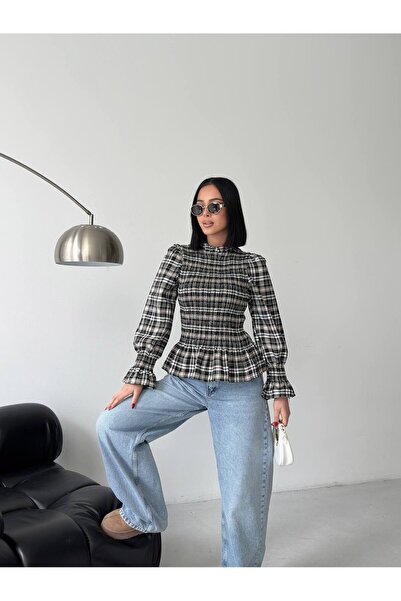 ebru akten butik Bluză cu model în carouri și detalii cu volane