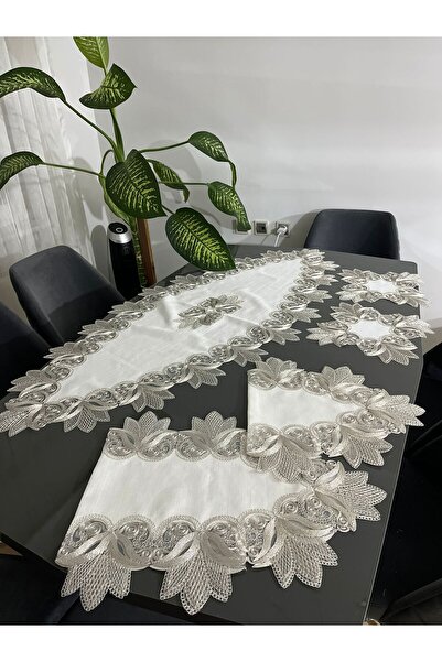 BRL ÇEYİZ HOME Gardenya Fransız Dantelli,Güpürlü Lüks Salon Takımı-Runner,Sal...