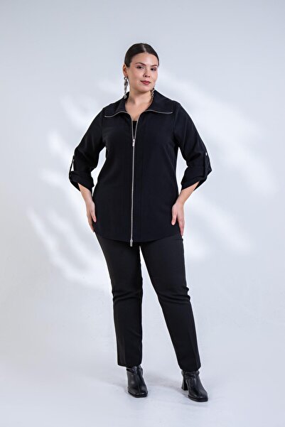 Roxxlen Γυναικείο μπουφάν μεγάλου μεγέθους με λεπτομέρεια φερμουάρ, μαύρο