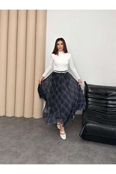 Hatun Atila Γυναικεία μακριά φούστα σε μπλε ναυτικό καρό σχέδιο, με ελαστική ...