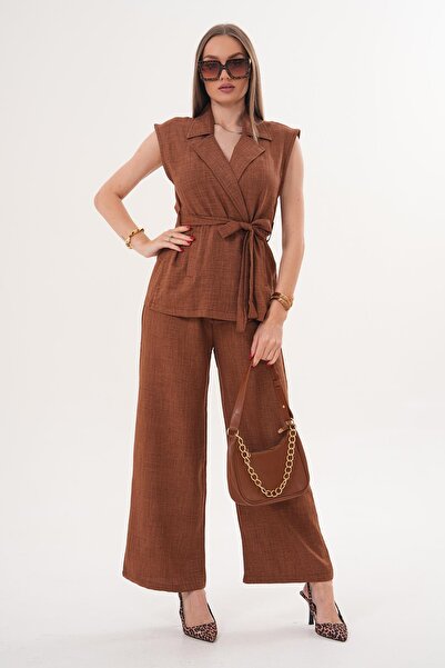 ŞİMAL Women's Jacket Collar Vest Set Linen Suit with Trousers 260014 -