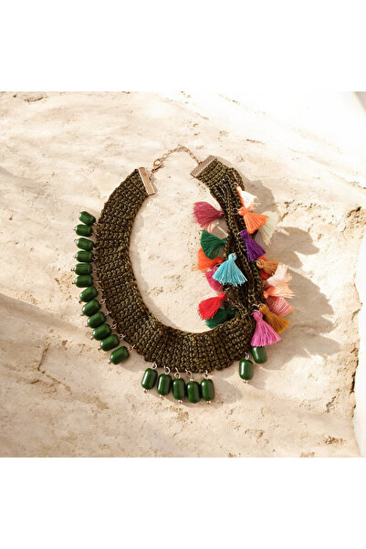 LALDİZAYN PÜSKÜLLÜ ÖRGÜ KOLYE - EL YAPIMI - BOHEM KADIN AKSESUAR