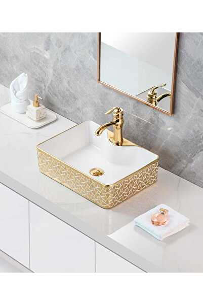harmeh PRAG 3005 ALTIN DESENLİ TEZGAH ÜSTÜ KARE LAVABO 48X38X14CM