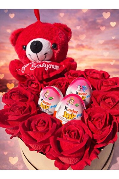 Tasarım Kalpli Kutuda Gül&Süpriz Yumurta ve Ayıcık