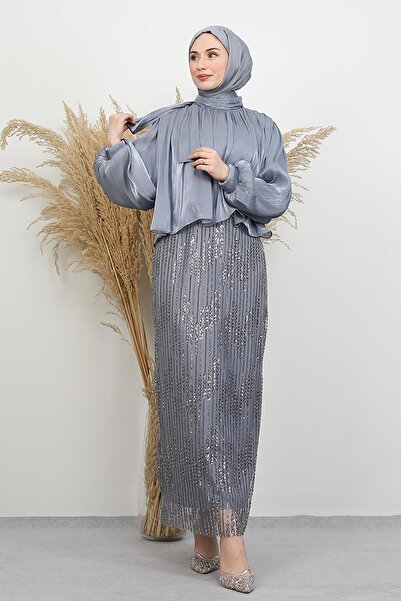 lizatesettür Burçin Takım Abiye Koyu Gri