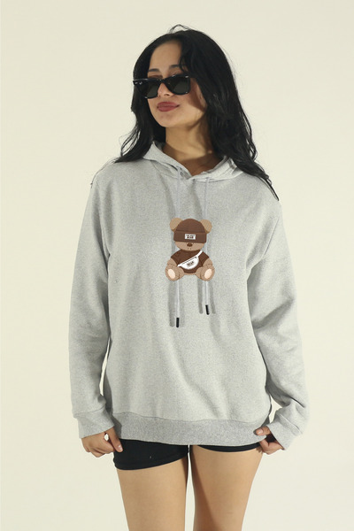 INFLUYENTE Women's Winter Bear Printed Oversize Cotton Hooded Sweatshirt
