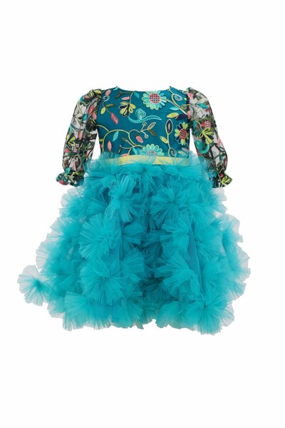 ambar studio VIVIAN embroidery and turquoise tulle flowers girls dress