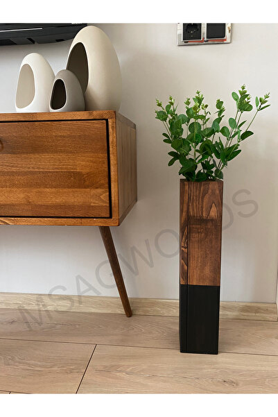 DDTREND Siyah Ceviz Ahşap Vazo Çiçeklik Bohem Ev Ofis Dekor Ev Hediyesi Saksı 50 Cm (Çiçek Dahil Değildir)