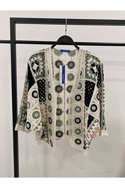 Hatun Atila Women's Square Motif Lace-Like Knit Ethnic Patterned Bohemian Kim...