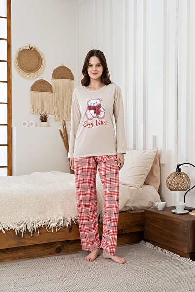 MİSSLALE Ekose Desenli Ayıcık Detaylı Uzun Kollu Kadın Pijama Takımı