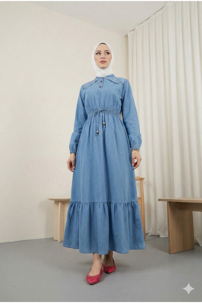 MODAQU Pearl Detailed Long Denim Dress with Elastic Waist - Blue