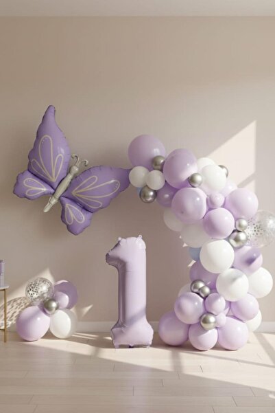 Patladı Gitti Butterfly Themed 1St Birthday Balloon Set – Lilac White Silver