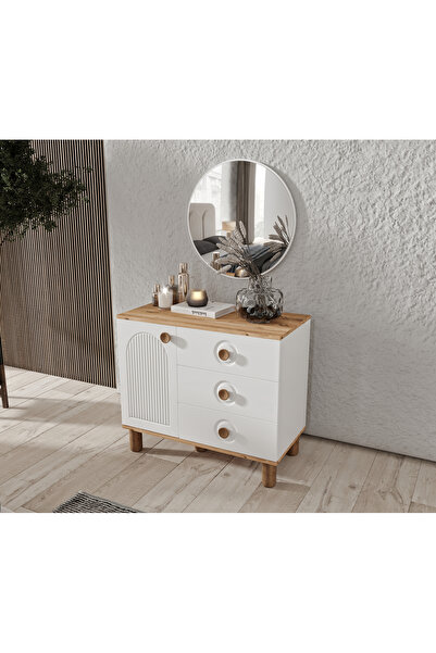 GuneyStore Rosa Komple MDF Atlantik Çam - Beyaz Aynalı Şifonyer - Ücretsiz Mo...