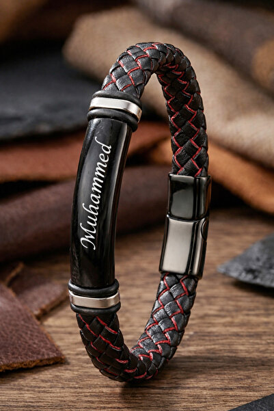 OSMANLI GÜMÜŞ Men's Leather Bracelet Black Steel Name-Engravable Black Red Kn...