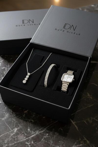 Duke Nickle Taşlı Bileklikli Taşlı Kolyeli Siyah Hasır Kordon Siyah Kadran Ka...