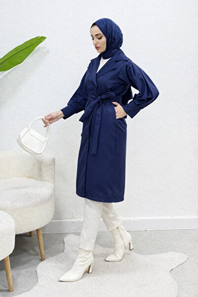 Tesettür Diyarı Trench Mahi fără căptușeală, cu curea, stil Tesettür - Bleumarin