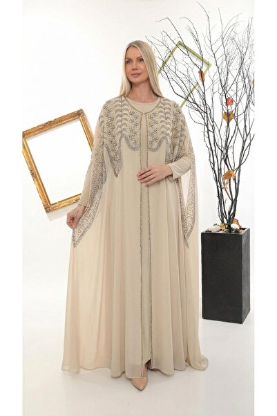 MİSS DİAMOND Stoned Embroidered Beige Stylish Hijab Abaya