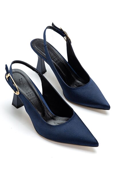 Hayalimdeki Ayakkabı Women's Navy Blue Satin Open-Back Pointed Thin Heeled Shoes