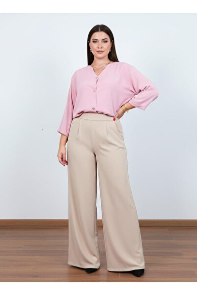 PERA MODA Plus Size Gold Buttoned V-Neck Stylish Women's Shirt