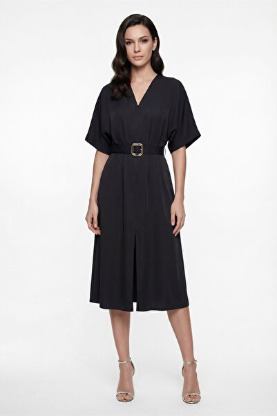 Lafaba Women's Black V-Neck Belted Midi Event Dress