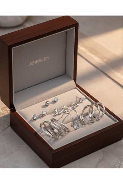 stainless steell gümüş renk 12 adet (6 çift) paslanmaz çelik küpe set 13